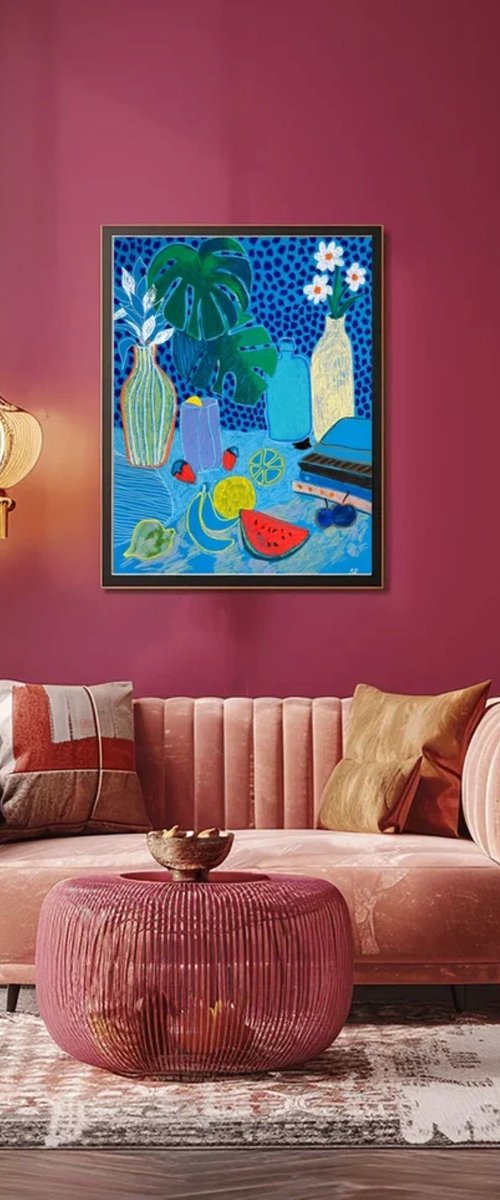 Blue Still Life with Fruits by Sasha Robinson