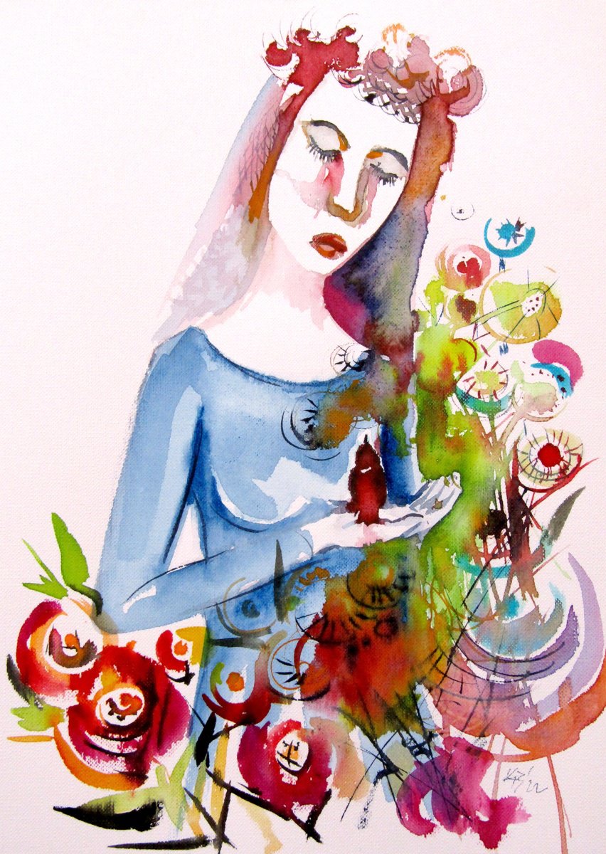 Expressive Portrait Watercolour By Kovacs Anna Brigitta, 8 X 12", Feelings For The Life, Original Artwork