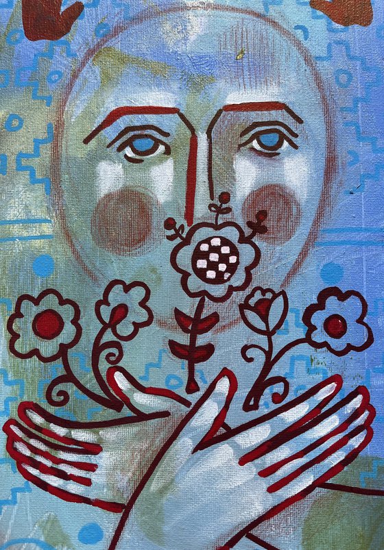 Face with bouquet of flowers