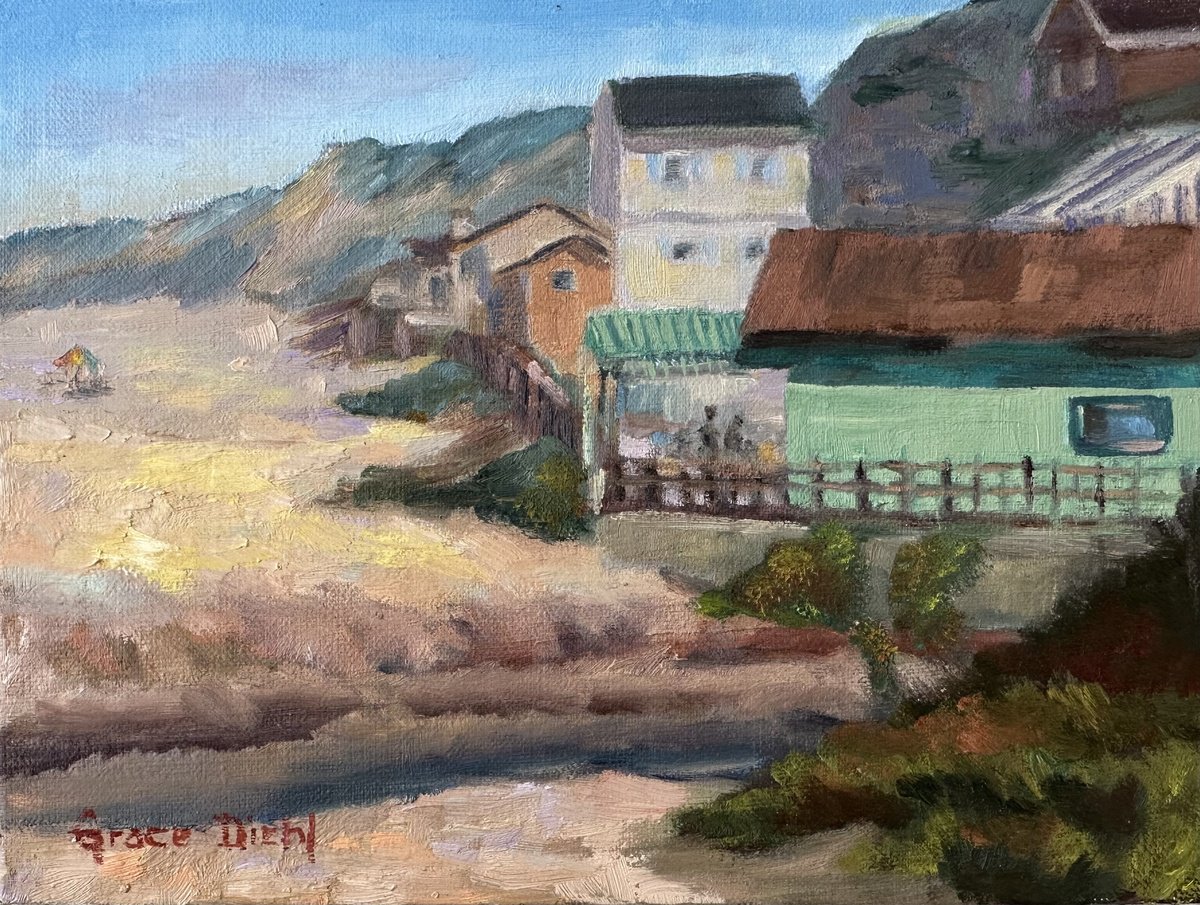 Impressionistic Landscape Oil Painting By Grace Diehl, 8 X 6, Crystal Cove Cottages, Original Artwork