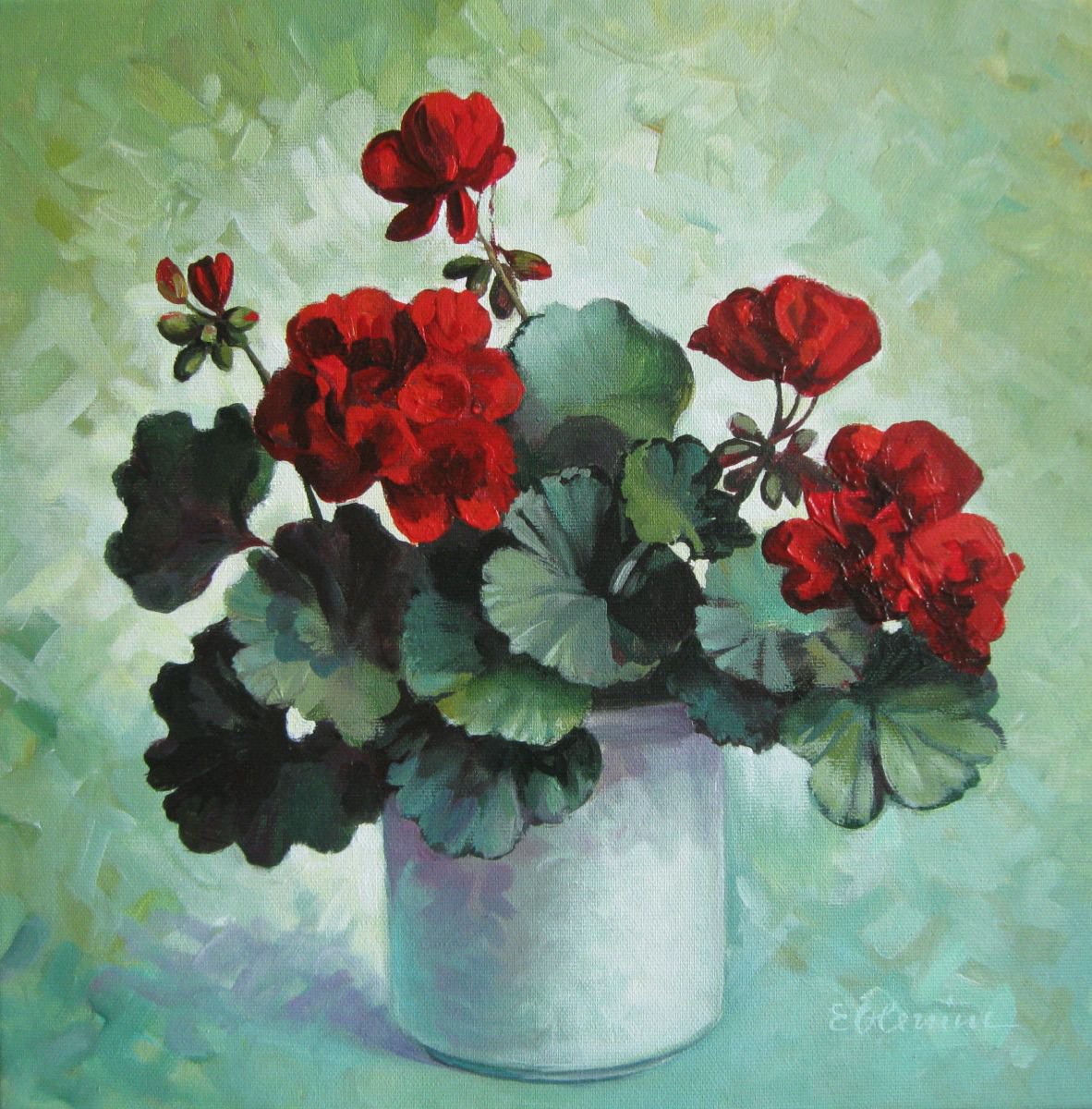 Red geranium Acrylic painting by Elena Oleniuc | Artfinder