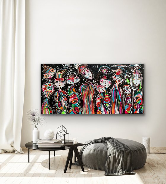 71''x 35''(180x90cm), Friends 50, family, bright urban ,pop art ready to hang, colorful canvas art  - xxxl art - abstract art painting- extra large art- mixed media