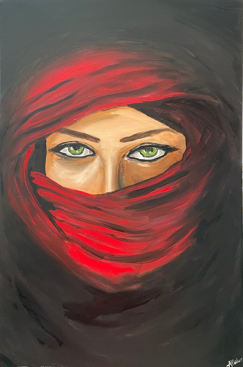 Impressionistic Portrait Acrylic Painting By Aisha Haider, 20 X 30, Behind The Red Veil, Original Artwork