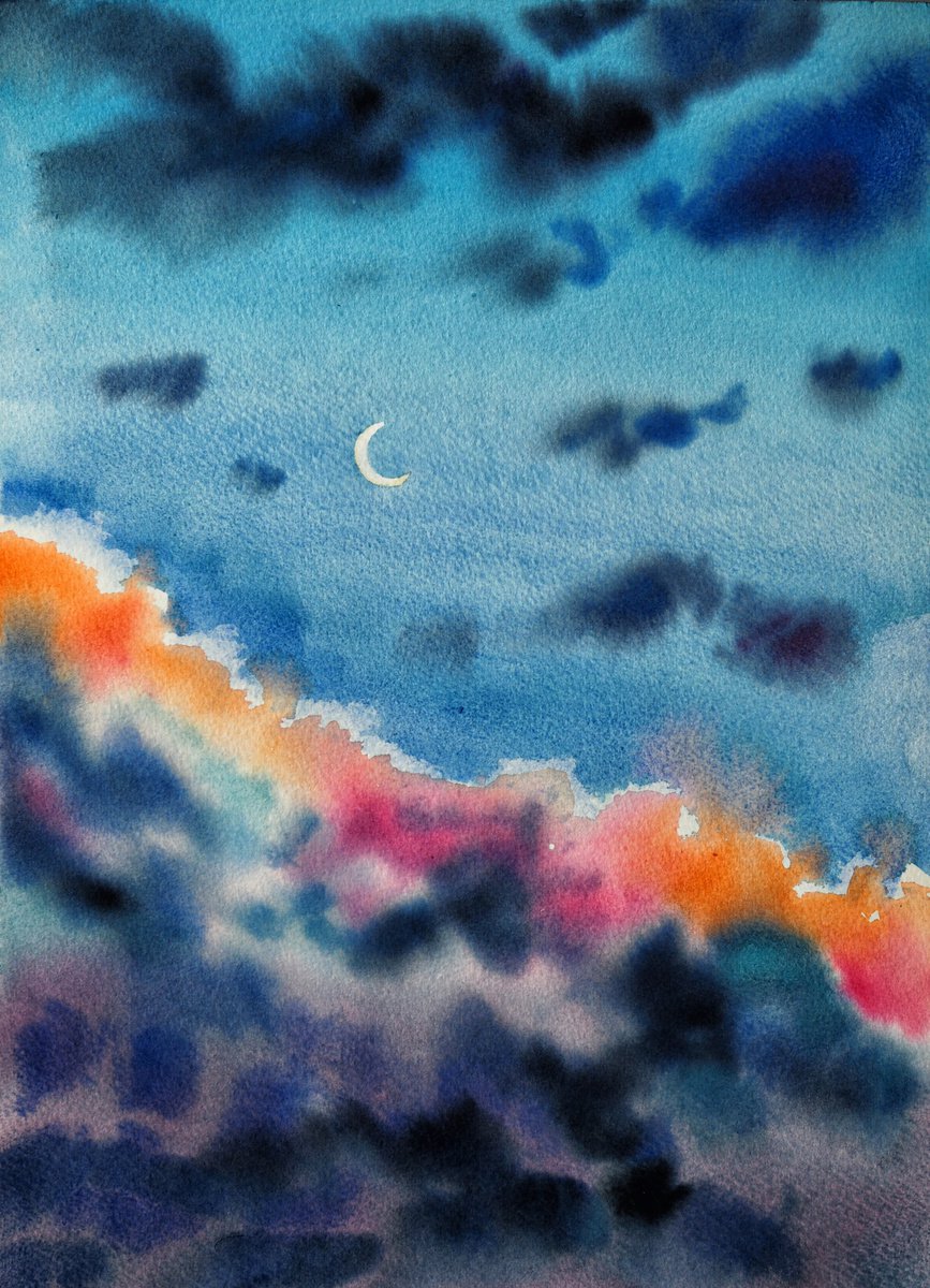 Impressionistic Landscape Watercolour By Delnara El, 10 X 14, New Moon, Original Artwork