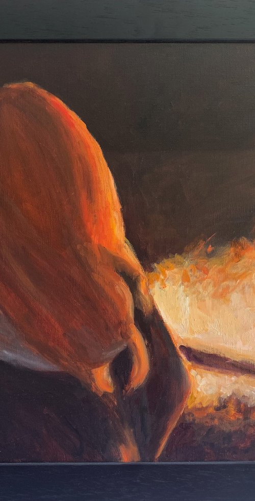 Autumnal Bonfire-Impressionist beach figure oil painting. 40x50cm framed ready to hang. by Jackie Smith