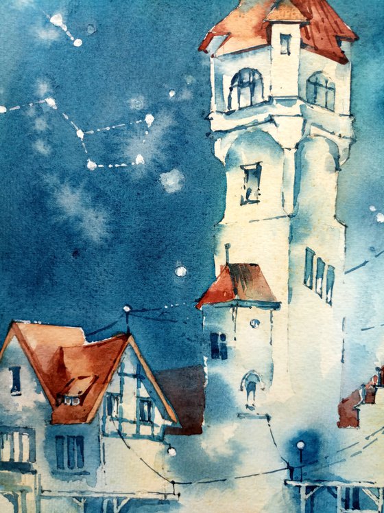 "Roofs of the Evening City" original watercolor fairy tale