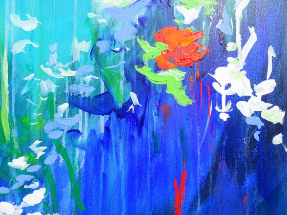 Abstract Flowers Modern Floral Landscape Painting. Blue, Red, Green, Violet, Teal, Abstract Tropical Flowers and Birds. Original Botanical Garden Painting on Canvas. Modern Impressionistic Art