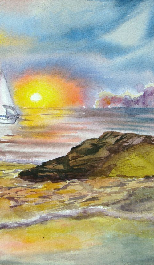 Sailboat at sunset by Elena Gaivoronskaia