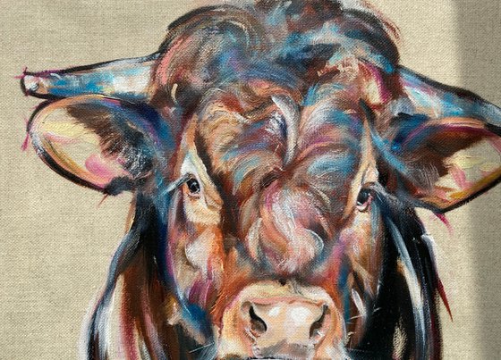 Big Red, Limousin X Bull, Original Oil Painting on Linen Board
