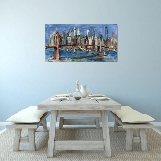 Brooklyn bridge, abstract impressionist painting 70x135cm