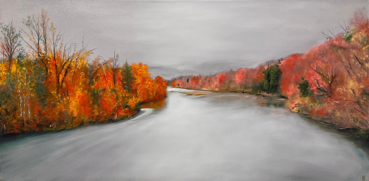 Photorealistic Landscape Oil Painting By Alla Kallass, 24 X 12, Fall Colours., Original Artwork