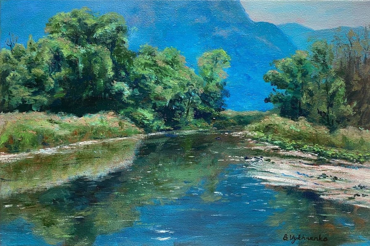 Impressionistic Landscape Oil Painting By Bohdan Vykhrenko, 12 X 8, Lake Landscape, Original Artwork