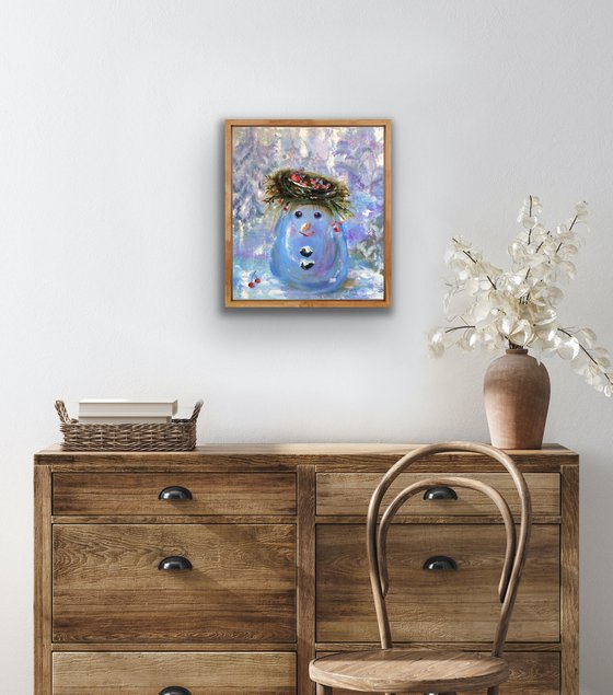Snowman original oil painting - Nursery wall art - Winter gift idea