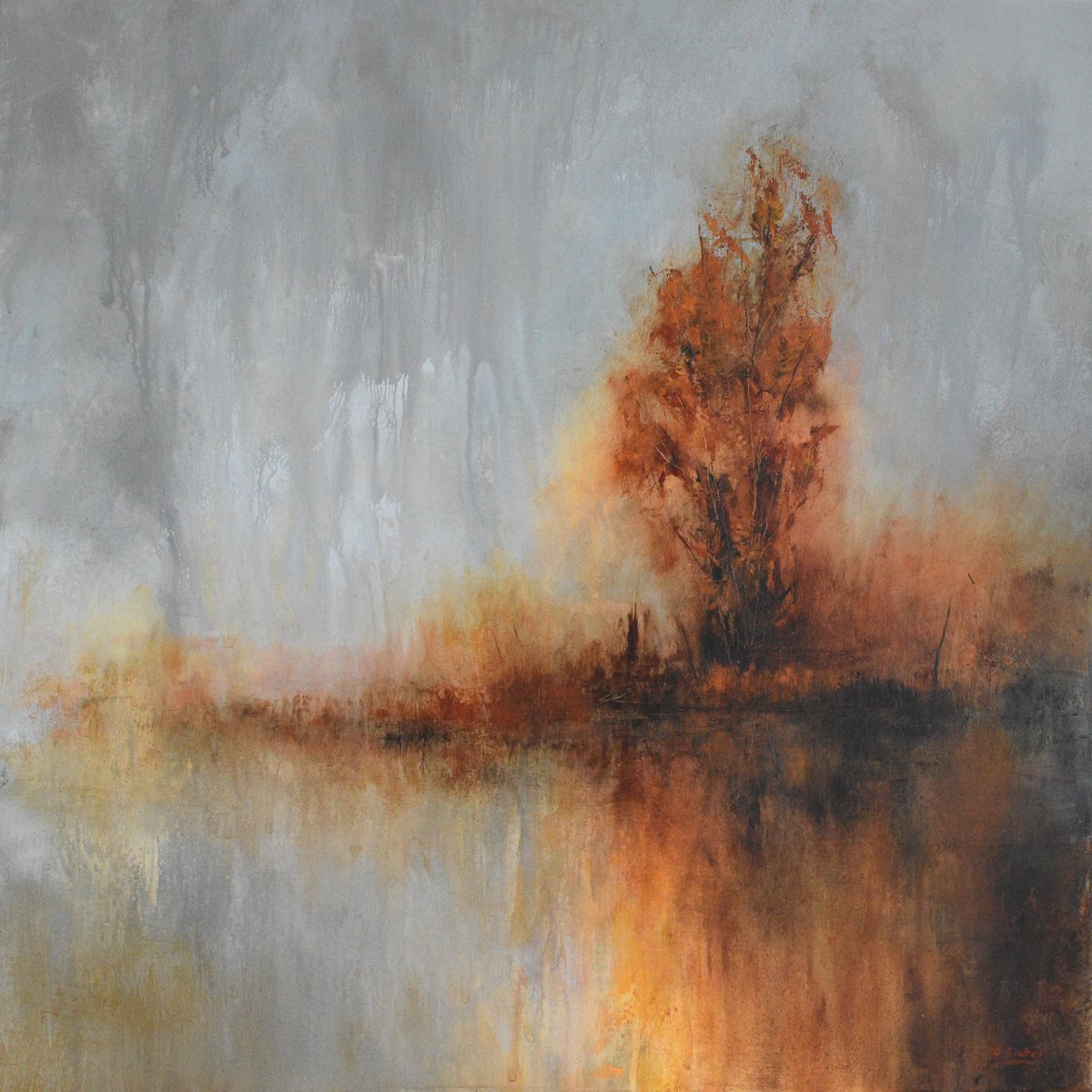 Expressive Landscape Acrylic Painting By Colin Slater, 20 X 20, Autumn Rain, Original Artwork