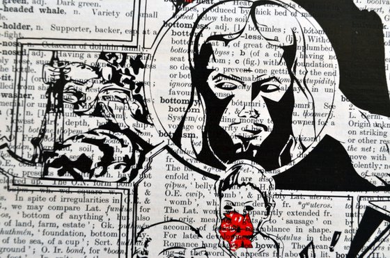 Comic Cross - Collage Art on Large Real English Dictionary Vintage Book Page
