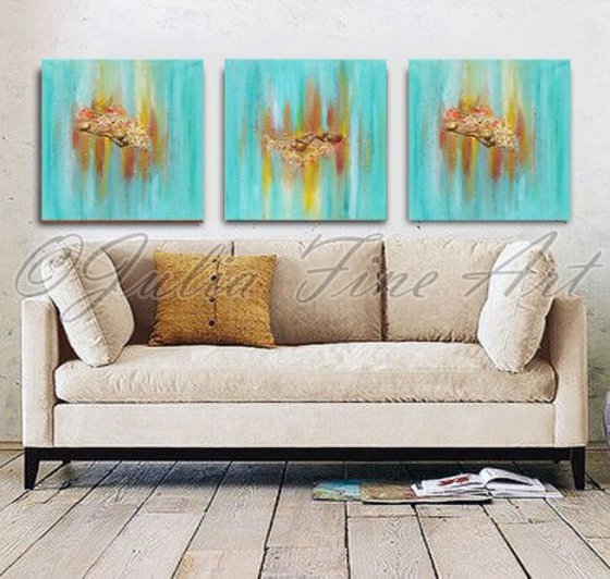 Turquoise Wall Art Triptych, Original Paintings, Hand-painted, Rich Textures, Seascape, Shells, Abstract Art, Ready to Hang - ''Maldivian Memories''