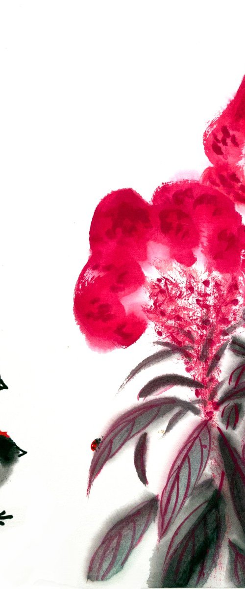 Celosia, Chicks and a Ladybug by Ilana Shechter