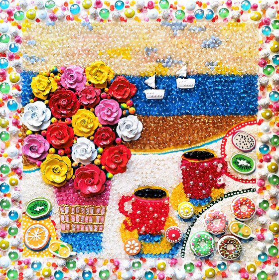Sunny picnic on the sea - Abstract still life with mosaic & glass. Naive art decorative wall sculpture