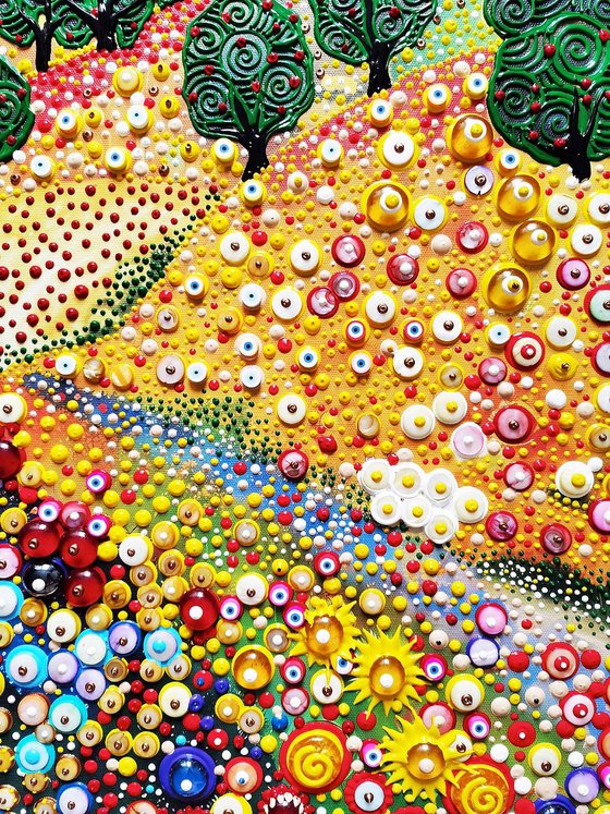 Nacre sculpture painting. Flower field with apple trees and cypress trees. Colorful landscape, summer garden.