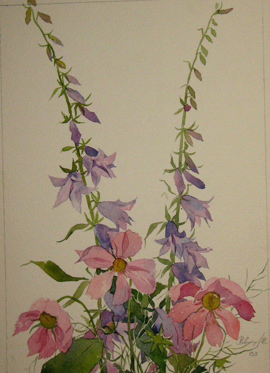 Impressionistic Botanical Watercolour By Valeriy Savenets-1, 2 X 2", Bells And Peonies, Original Artwork