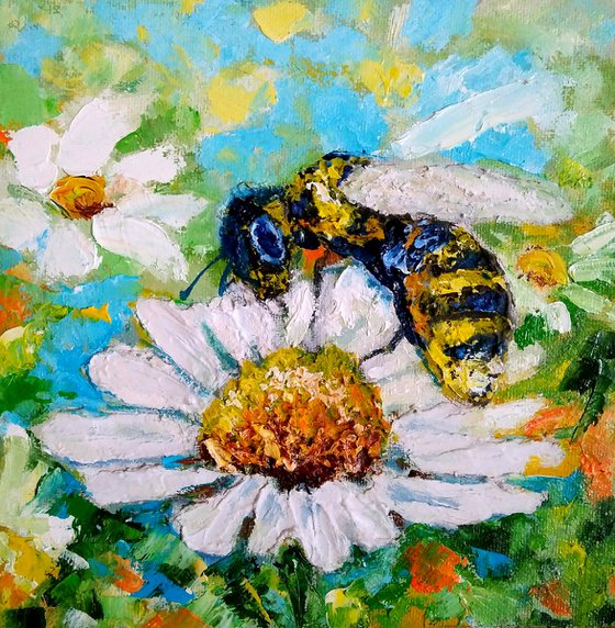 Honey Bee Original Art Insect Flower Wall Art Bee Oil Painting on Canvas Original Abstract Art