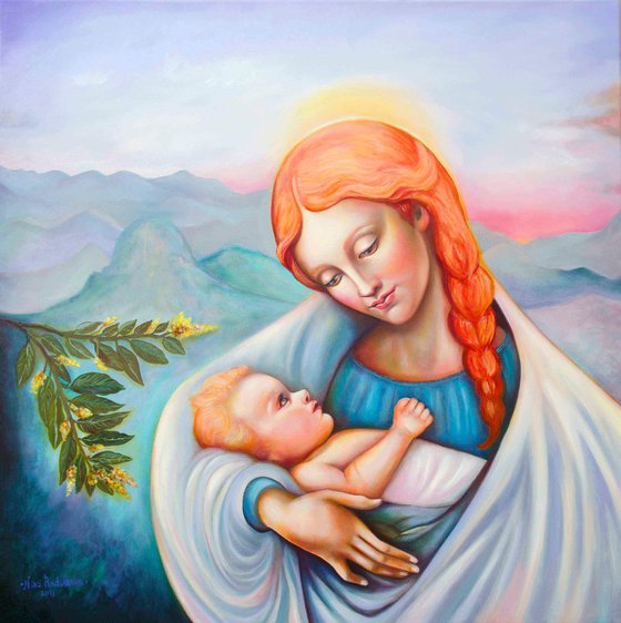 Maria and child - original oil painting on stretched canvas