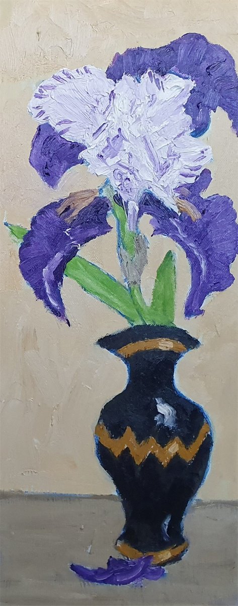 Botanical Oil Painting By Colin Ross Jack, 6 X 16, Single Iris V, Original Artwork
