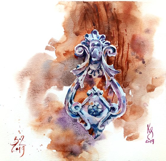 "Antique doorknob on a wooden background" modern watercolor sketch original illustration