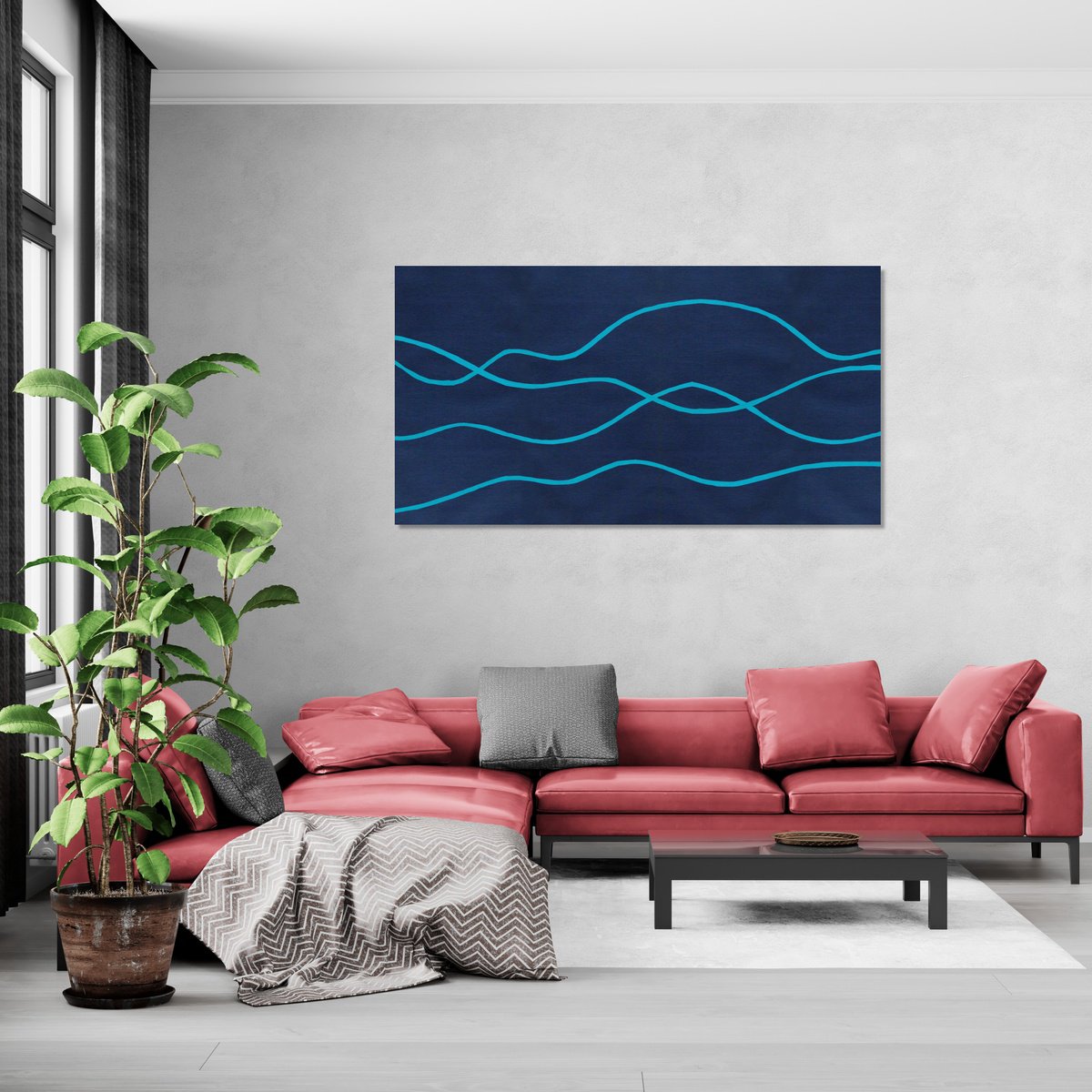 Abstract Landscape Acrylic Painting By Marina Krylova, 47 X 24", Serene Landscape #02, Original Artwork