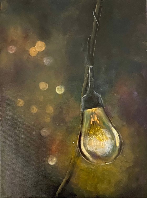 Realistic, astonishing  Light at the Fair Original Oil Painting with several glazes  on wrapped canvas 9x12 Vintage Light Bulb