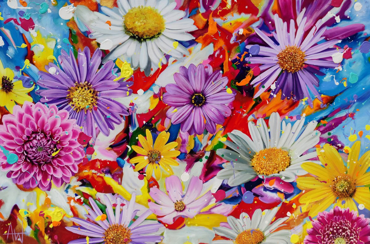 Urban And Pop Botanical Oil Painting By Angie Wright, 59 X 39, Floral Energy, Original Artwork