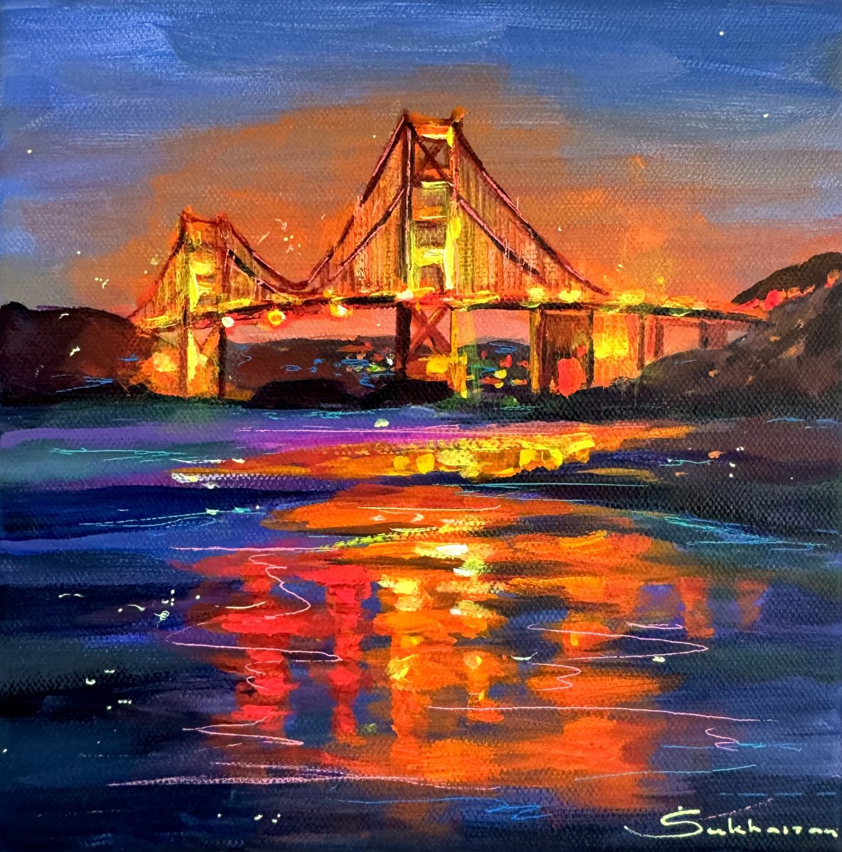 Impressionistic Cityscapes Acrylic Painting By Victoria Sukhasyan, 8 X 8", San Francisco Bridge, Original Artwork