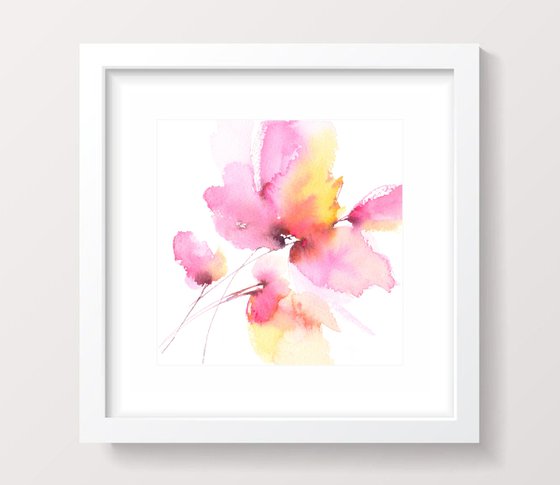 Abstract pink flower painting, small watercolor art