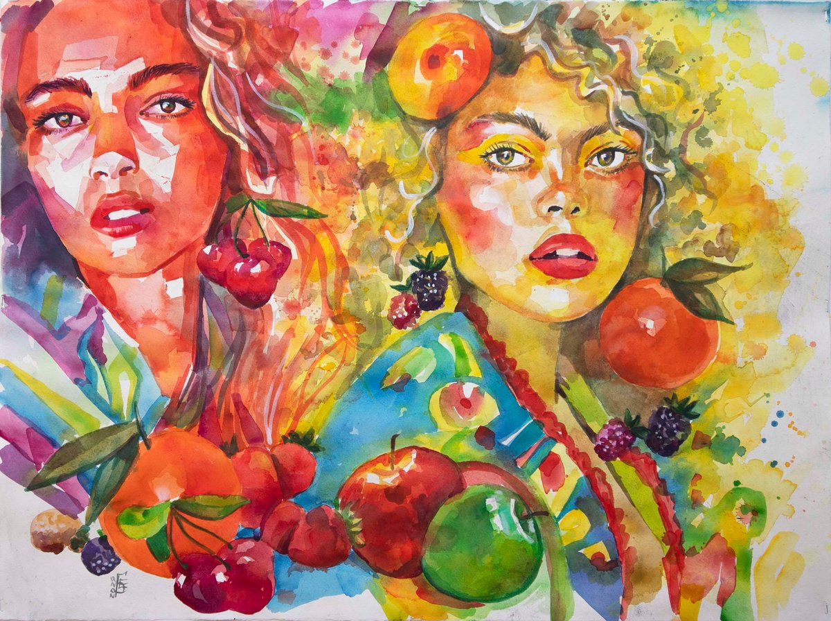 Impressionistic Portrait Watercolour By Kateryna Bortsova, 30 X 22", Sweet Summer, Original Artwork