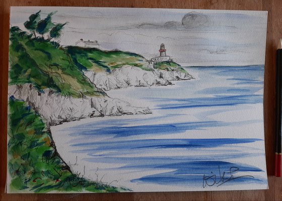 Breezy Skies over Howth head Lighthouse - watercolour and pencil study