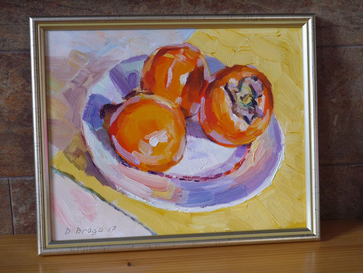 Impressionistic Still Life Oil Painting By Dima Braga, 13 X 10, Persimmons On A Plate (Framed), Original Artwork