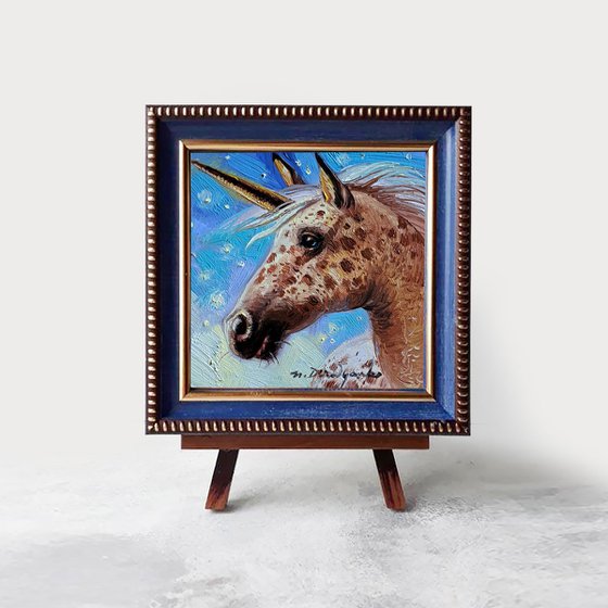 Beige in apple unicorn oil painting original in silver frame 4x4 inch