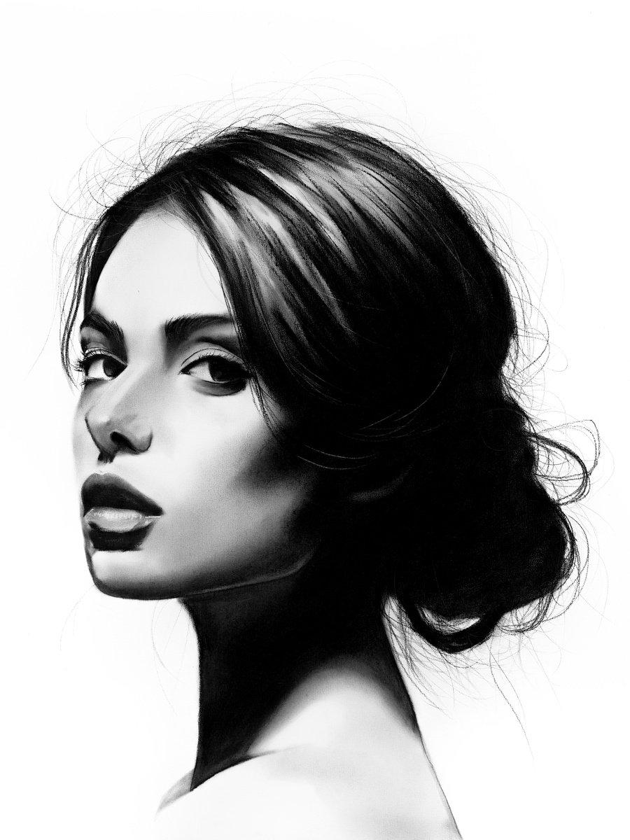 Photorealistic Portrait Charcoal Drawing By Denny Stoekenbroek, 20 X 26, The Quiet Turn, Original Artwork