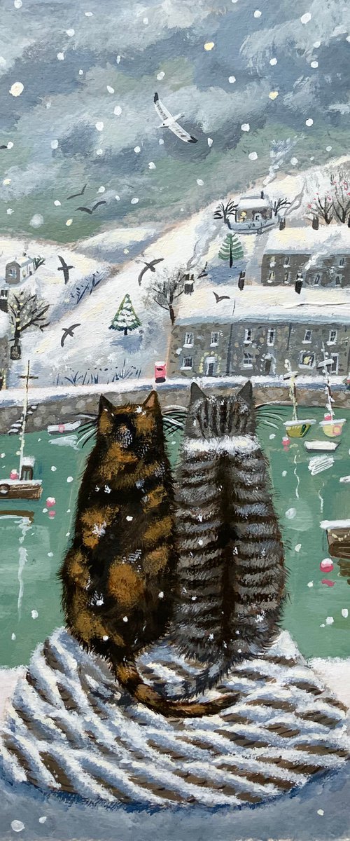 Snowy harbour cats by Mary Stubberfield