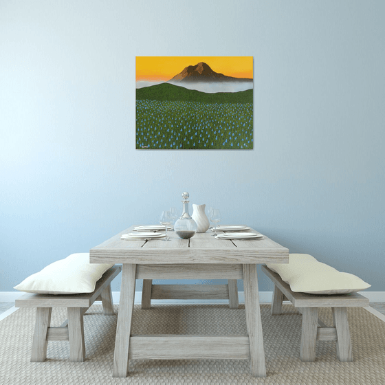 Mystic Morning -  mystic mountain mist and bluebonnet landscape; home, office decor; gift idea