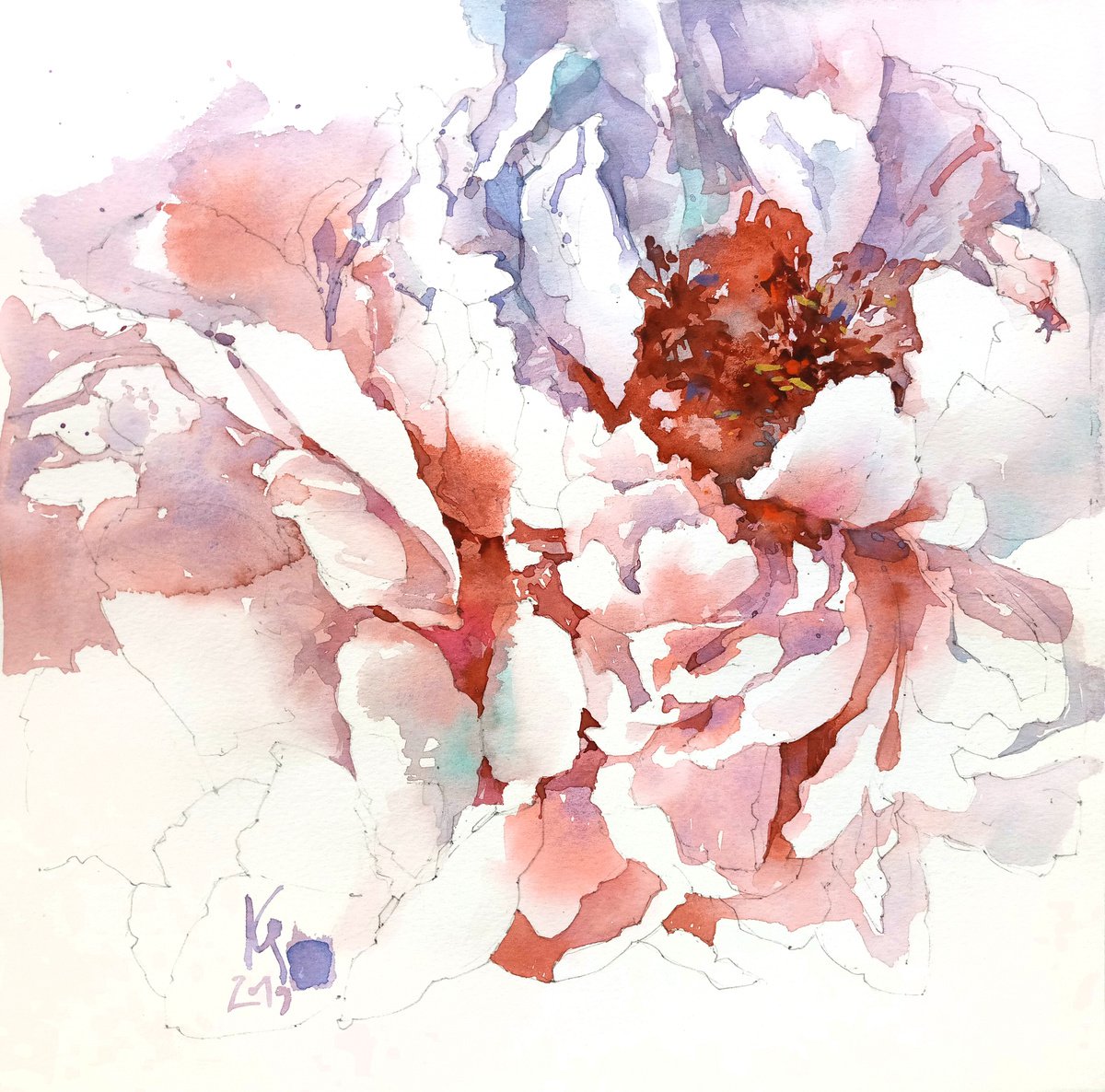 Impressionistic Botanical Watercolour By Ksenia Selianko, 12 X 12", "Coral Peony Petals", Original Artwork