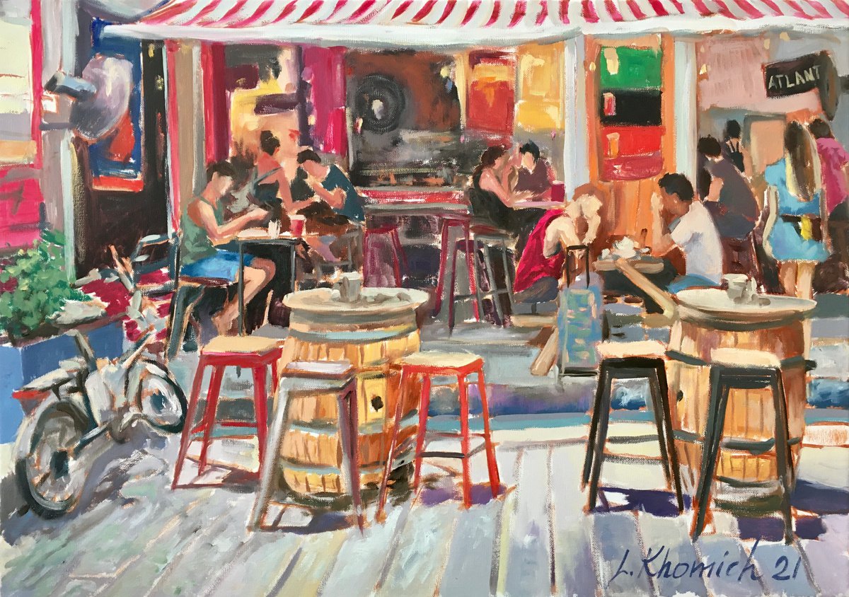 Impressionistic Cityscapes Oil Painting By Leo Khomich, 28 X 20", South Jaffa, Original Artwork