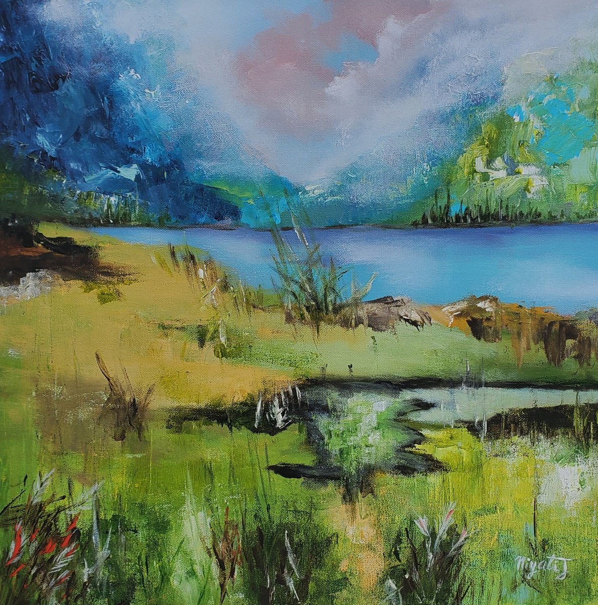 Impressionistic Landscape Acrylic Painting By Niyati Jiwani, 20 X 20", Boho Breeze, Original Artwork