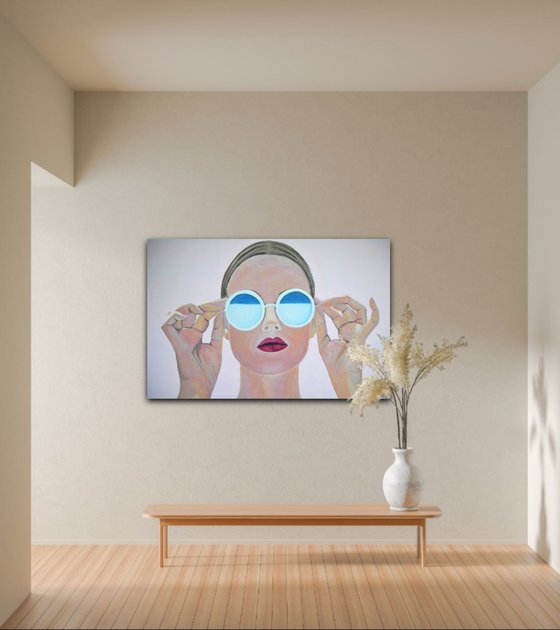 Extra large  painting, Girl with sunglasses / 140 x 90 x 5 cm