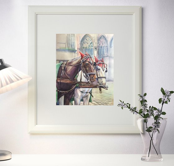 Vienna Horse cart. Old city paintings. Original watercolor painting - Gift for her - Gift for him - Ideas for gift