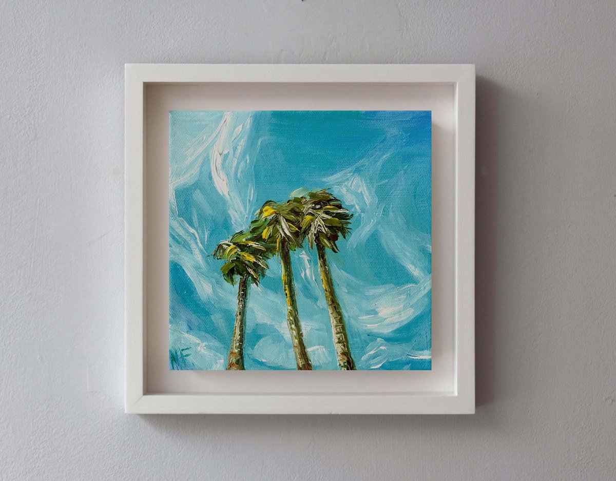 OCEAN DRIVE PALM TREES, Original Minimalist Impressionist Square Mini Oil Painting by Nastia Fortune