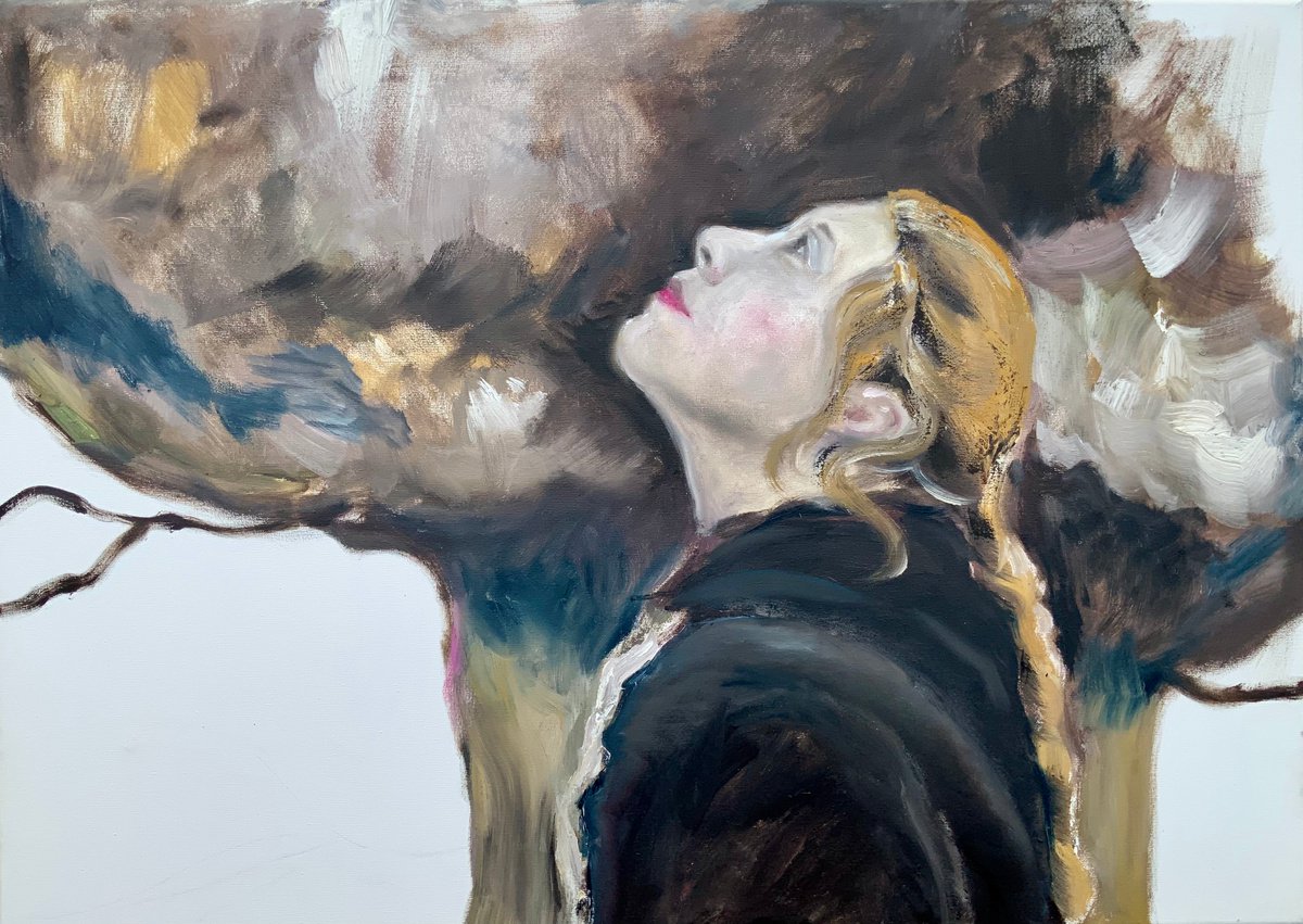 Expressive Portrait Oil Painting By Alexandra Jagoda (Ovcharenko), 28 X 20, Gazing Beyond, Original Artwork