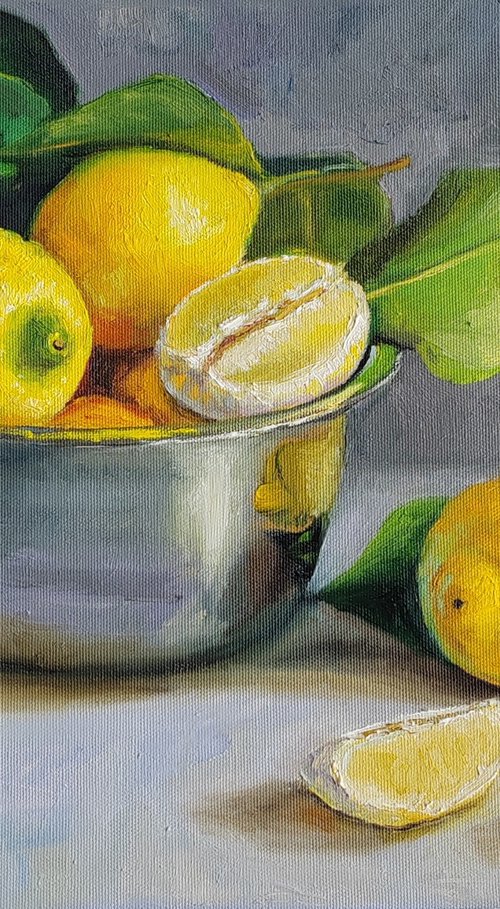 Lemon fruit slices in metal bowl oil painting still life by Leyla Demir