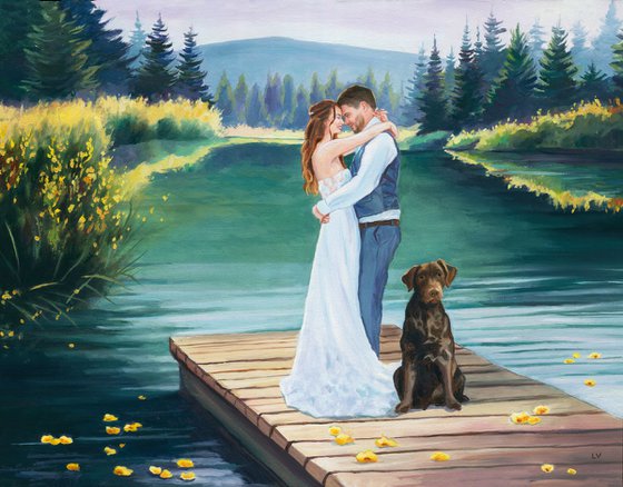 Personalized dog and owner oil portrait