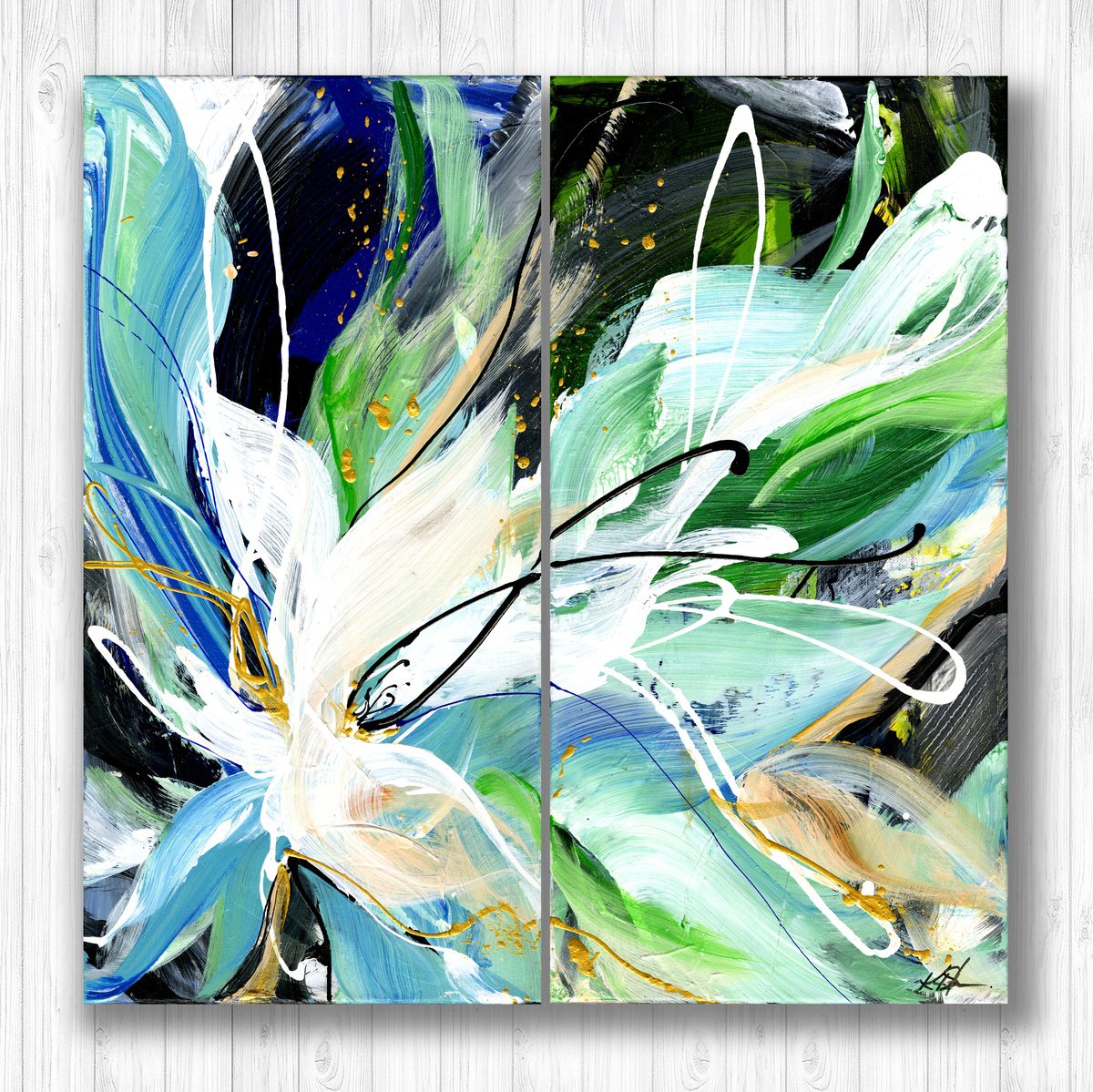 Abstract Botanical Acrylic Painting By Kathy Morton Stanion, 24 X 24", Ephemeral Dream Diptych, Original Artwork